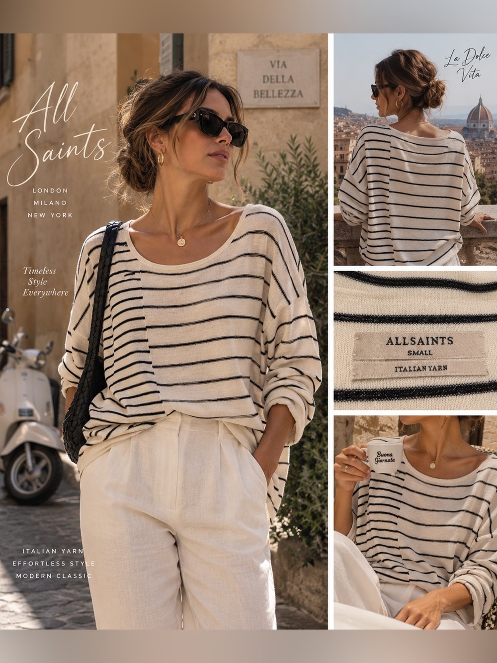 AllSaints Italian Yarn Striped Oversized Sweater Size S Cream Black